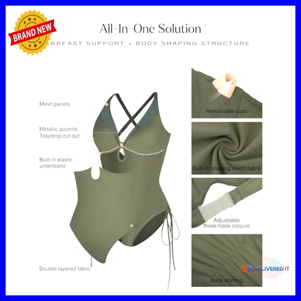 Tummy Control One Piece Swimsuit with Shapewear Mesh Cutouts Adjustable Straps - Picture 3 of 7